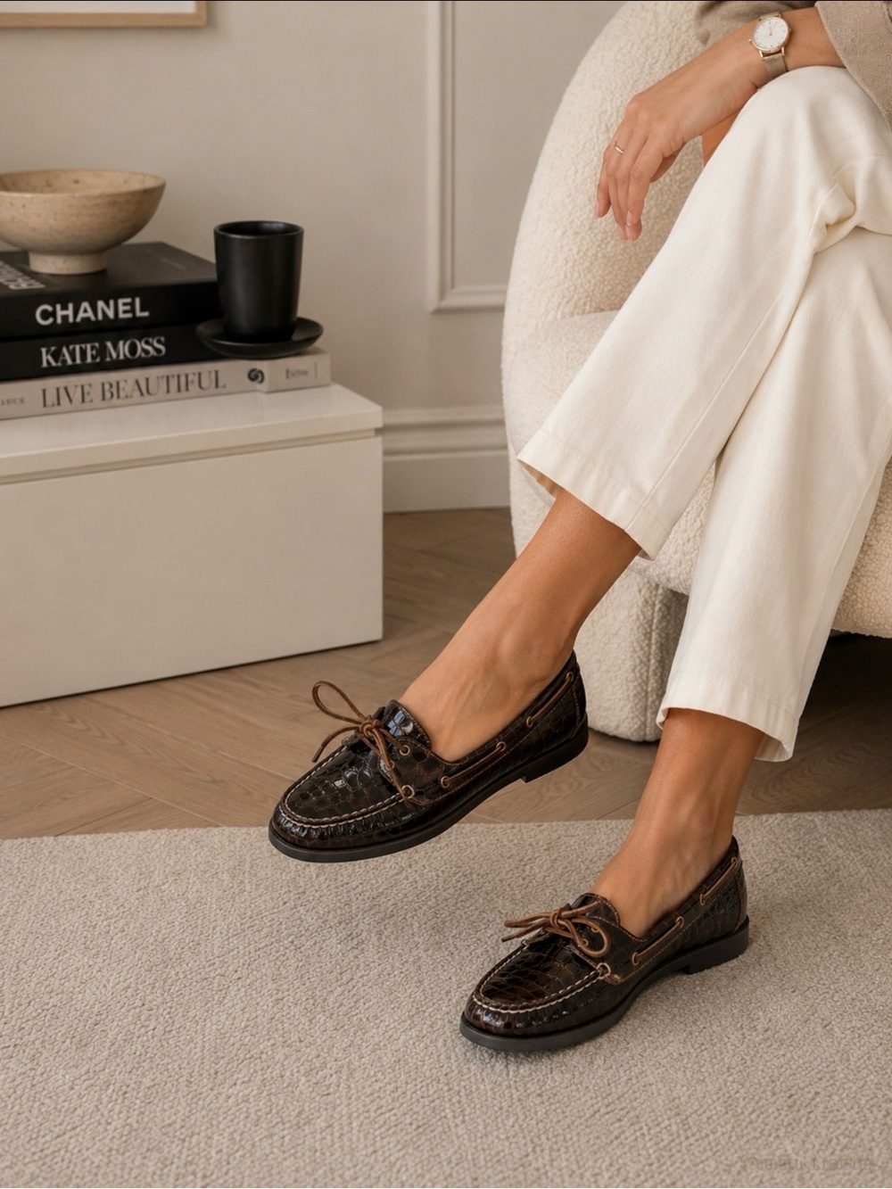 Sperry Dark Brown Croc-Embossed Leather Boat Loafers